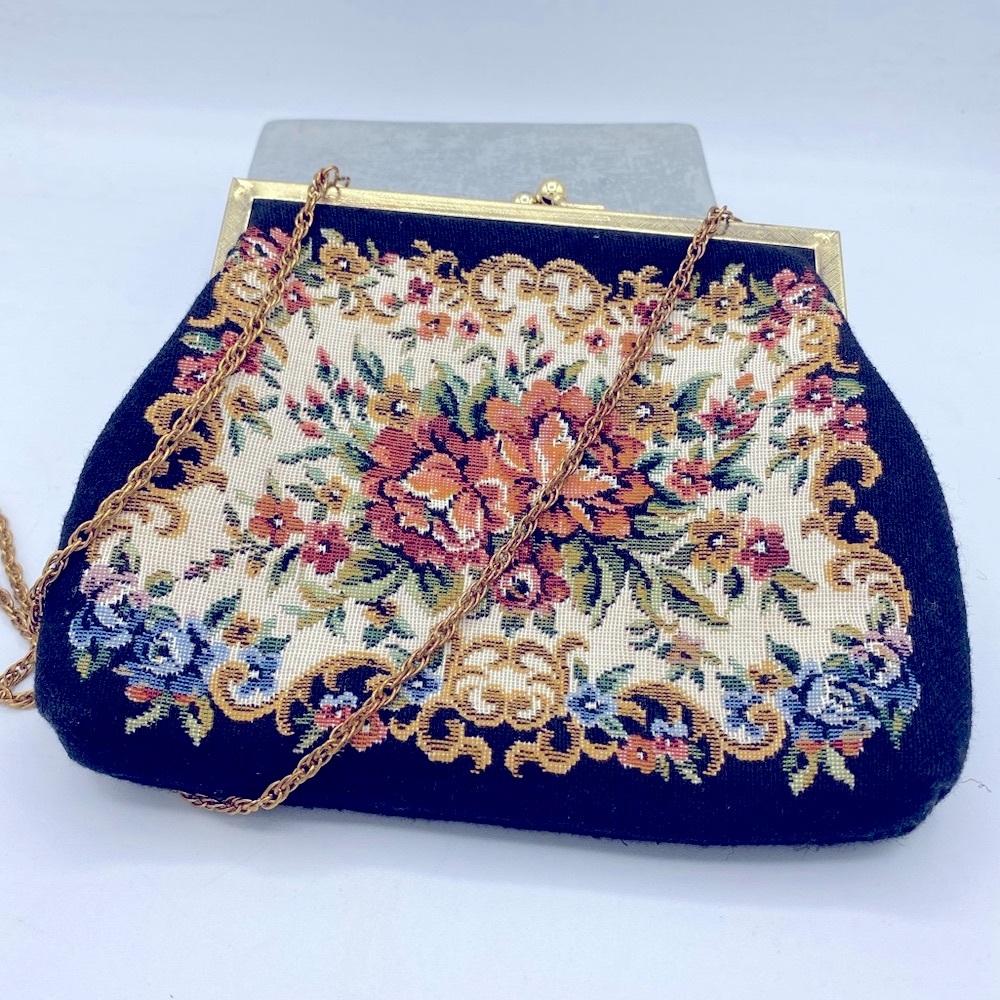 Vintage Walborg Petit Point Floral Tapestry Black Purse Clutch Evening Bag - Picture 15 of 15
